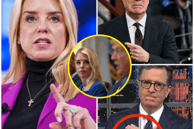 Pam Bondi SHOCKS The Late Show—Stephen Colbert Left Speechless After Brutal One-Liner.  Pam Bondi didn’t just step onto The Late Show—she took control of it in the most stunning way possible. In a jaw-dropping moment that left both the audience and Stephen Colbert frozen, Bondi unleashed a devastating one-liner that completely shifted the show’s tone.  For the first time in ages, Colbert—known for his sharp wit—was utterly speechless. Behind the scenes, panic swept through the crew as producers scrambled to salvage the segment. Viewers, glued to their screens, couldn’t believe what they were witnessing. Was this the most shocking, game-changing moment in Late Show history?
