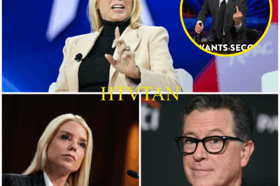 “Stephen Colbert LEFT SPEECHLESS After Pam Bondi’s Brutal One-Liner—Is This the END of His Reign?”  What was supposed to be another night of sharp political humor on The Late Show turned into a career-shaking moment when Pam Bondi unleashed a savage one-liner that completely floored Stephen Colbert. The room fell silent as Colbert, usually quick with comebacks, was left utterly speechless, and the audience could barely believe what they had witnessed.  The tension was so thick, rumors began swirling that the network might be considering suspending the show. Could this fiery exchange be the tipping point that ends Colbert’s late-night reign for good?