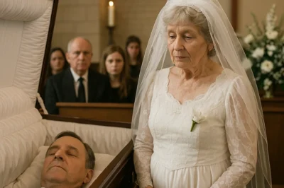 70-Year-Old Stranger Came to My Dad’s Funeral Dressed as a Bride === At her father’s funeral, Emma expected to say goodbye. Instead, a mysterious woman in a wedding dress stepped forward and revealed a love story frozen in time.   There’s a strange numbness that settles in when you’ve been grieving too long. By the time we got to the church, I couldn’t cry anymore. I’d spent a week doing just that, crying in the shower, crying over coffee, and crying into my mother’s shoulder. But at the funeral, standing in the hush of polished wood and lilies, I just… floated. My name is Emma. Thomas was my father and on the day we laid him to rest, something extraordinary happened. At first, everything was the way it was supposed to be. The organ played gently. The priest murmured something kind. My mother, Margaret, sat beside me, composed but pale, her hands folded tightly in her lap. We were mid-service, deep in silent prayer, when the doors opened. And in she came. A woman, older, maybe 70, maybe more, walked slowly down the aisle. She wore a white wedding dress. Not a costume. Not a veil-and-tulle fairytale. It was sleek. Modest. Laced sleeves, high collar, and delicate gloves. Her hair was pinned neatly in a bun and her face, though aged, glowed with something between sorrow and certainty. At first, I thought she must be lost. Then I looked at my mother. Her face had drained of all color. The woman walked straight to my father’s casket. She placed her hand, gloved and trembling, on the dark wood. And then she whispered something. “You finally got to see me in white, Thomas.” I gasped quickly, almost choking on the air. Gasps echoed in the room. Whispers. Then she turned. Her voice shook as she spoke but her words were clear. “No, I’m not crazy. And yes, I know exactly how I look. But if it’s alright… I’d like to tell you a story.” No one moved an inch. She stood by the casket, holding a bouquet of lilies and took a deep breath. “Fifty years ago,” she said softly. “I fell in love with a boy named Thomas at our high school prom. I was 17. He was 18. He wore a blue tie that clashed with his suit and he danced like he didn’t care what anyone thought.” A soft laugh slipped through her sadness. “That night, he told me, ‘One day, I’ll see you in a wedding dress, Julia. Maybe not tomorrow, but someday…’ And I believed him.” She paused. “We were young. Full of dreams. But two weeks later, he was drafted. Vietnam. He kissed me goodbye under a streetlamp, he said he’d write every week. And he did. So did I. I poured my heart into those letters. We planned a life on paper.” Silence wrapped the room. “But one day, his letters stopped. And two weeks after that, the telegram came.” She gripped the edge of the casket. “Killed in action,” she whispered. “That’s what it said. A telegram in a plain envelope. Black ink on thin paper. I stared at it so long I stopped seeing the words… just the shape of them, like words on a page.” Her voice cracked slightly but she didn’t stop. “And just like that, the world dropped out beneath my feet. I couldn’t breathe. I couldn’t speak. I remember my father saying something about how proud he’d be of Thomas… and I just stared at the wall. For hours. Days.” The church was so still, I could hear the old ceiling fan tick softly above us. “I wore black for months. I didn’t cut my hair. I didn’t go to dances. I turned down every boy who tried to walk me home. I kept his letters in a shoebox under my bed and read them like scripture. Over and over. And when I turned 20, I told my mother I’d never marry. She cried harder than when we buried the telegram.” A silence stretched long and reverent. “But then… ten years later,” her eyes softened. “I was in a little grocery store in another town. Just passing through. I was reaching for a loaf of rye and there he was. Thomas.” She exhaled the name like a prayer. “Alive. Laughing. His hair was shorter, touched with gray at the edges. And he was holding a little girl’s hand.” A soft, collective intake of breath rippled through the room. “I thought I was seeing a ghost. My knees gave out. I grabbed the shelf to keep from collapsing. And I did what I’d trained myself never to do.” She smiled faintly, bitterly. “I ran.” Her hands shook slightly. “I left the store. I didn’t say a word. I got into my car and drove five miles before I had to pull over because I couldn’t see the road through the tears. My body couldn’t process it. My heart was screaming that he’s alive. But my head kept reminding me that I buried him.” She steadied herself against the casket. “But something wouldn’t let me forget. I called the military. I dug through archives. I filed every inquiry I could. I spoke to someone in a musty office with walls lined in medals and silence. And after weeks… I found the truth.” She turned to the room, her voice clearer now, stronger…. (continue reading in the 1st comment)