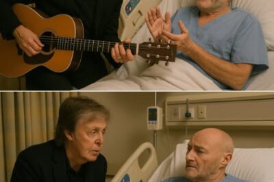 No one expected to see Paul McCartney quietly walking down the stark hospital corridor, but there he was — carrying a small bouquet of daisies and his guitar — coming to visit his dear friend Phil Collins, who has been recovering from serious health complications. Witnesses described how the former Beatle paused at the doorway for a moment, taking in the sight of Phil resting in bed, before entering with a gentle smile and saying softly, “Hey mate, thought I’d bring a little music with me.” He placed the flowers on the table, pulled up a chair, and took Phil’s hand, the two of them sharing quiet words and bittersweet laughter as they reminisced about decades of friendship, wild tours, and surviving the madness of fame together. Then, in a moment that left everyone in the room silent, Paul picked up his guitar and began to play “Yesterday,” his timeworn voice carrying each lyric like a prayer. Phil, visibly frail but deeply moved, closed his eyes and mouthed the words, tears slipping down his face, while nurses and family members watched from the doorway, one later saying, “It felt like witnessing two old friends speak the only language they’ve ever truly needed — music.
