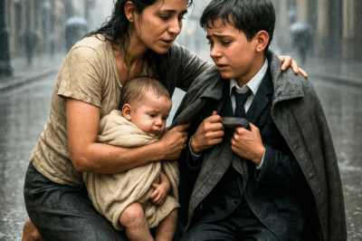 “A humble mother helps a crying little boy while holding her son, unaware that his millionaire father was watching.