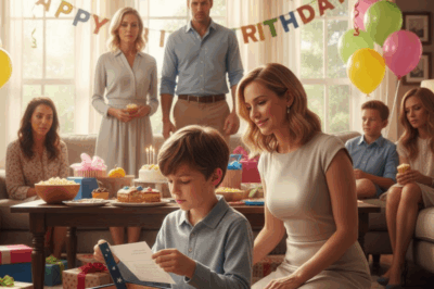 My ex-husband showed up to our son’s birthday party with his new wife. She shoved a broom into my son’s hands and said, “Go help your mother clean — that’s where you belong.” My son glanced at me, his face burning with humiliation. I stayed quiet… right up until he opened his final present. The moment she saw what was inside, her face drained of all color…