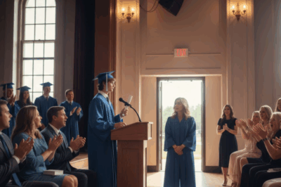 At my son’s graduation, my ex’s family filled the entire front row while we were told to stand in the back. “He doesn’t want her here,” his new wife sneered. I just smiled and stayed silent. But when my son stepped onto the stage, lifted his diploma high, and spoke into the microphone, the whole room froze. “This,” he said, “is for the woman who raised me on her own.” And then… the crowd rose to their feet…