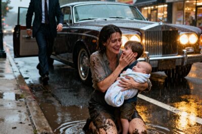 A modest young mother stops to help a crying boy in the pouring rain, her own baby in her arms—completely unaware that the child’s millionaire father is watching from a few yards away…